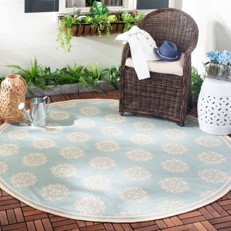SAFAVIEH Beach House Indoor/ Outdoor Waterproof Patio Backyard Rug - 4' Round - Aqua/Cream