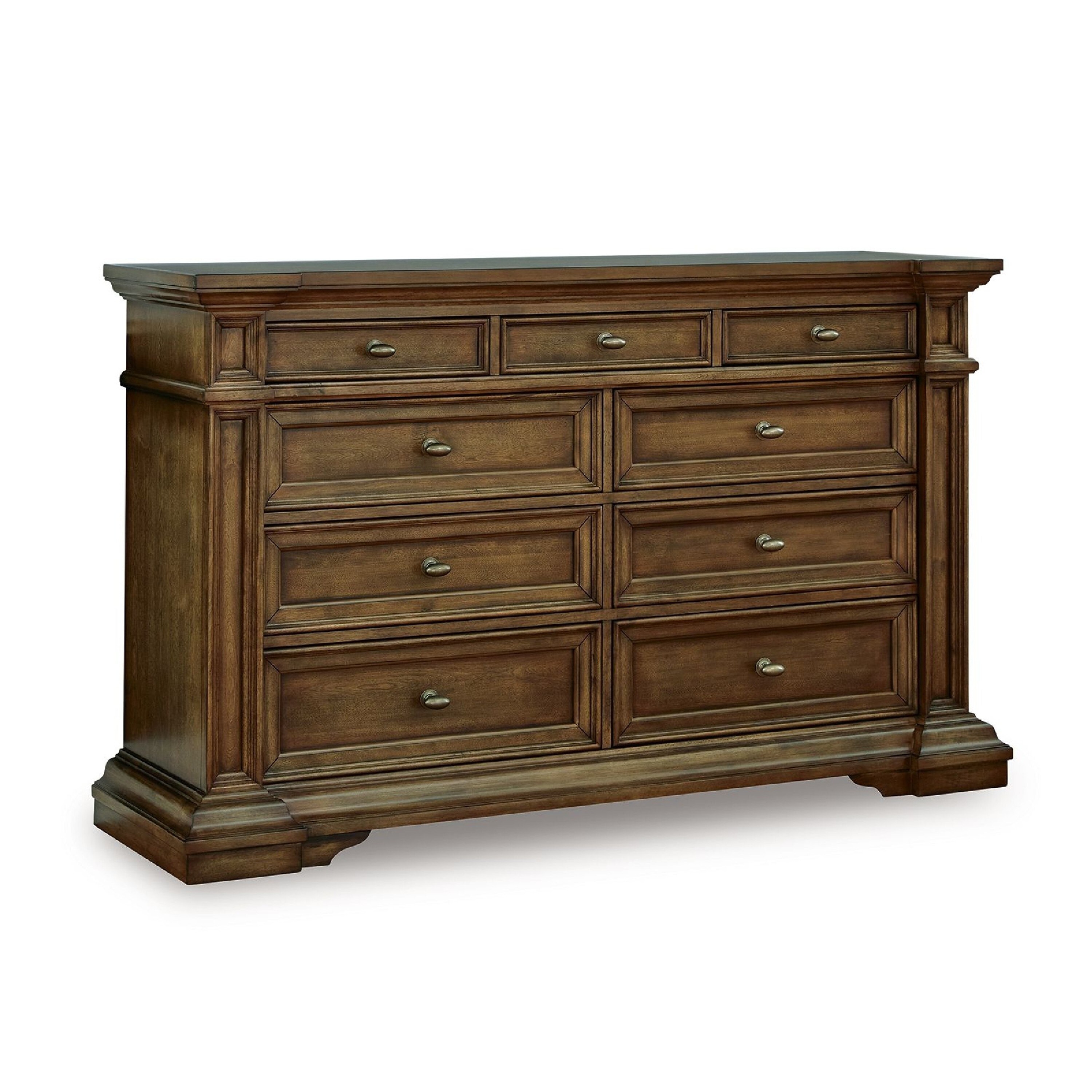 Lesa Wide Dresser, 9 Drawers with Antique Brass Oval Knobs, Brown