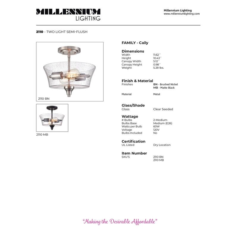 Millennium Lighting Caily 2 Light Semi-Flush Mount Ceiling Fixture in Multiple Finishes with Seeded Glass Shade