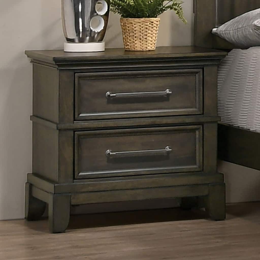 Contemporary Gray Solid Wood Veneer 1pc Nightstand w/ Pewter Pulls & Crown Molding for Bedroom