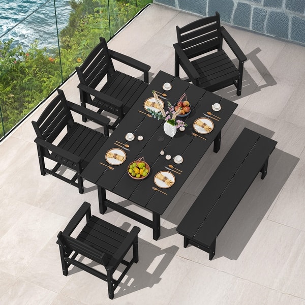 6-Piece HDPE Outdoor Dining Table Sets with Umbrella Hole - 1-Table 4-Chairs-1-Bench