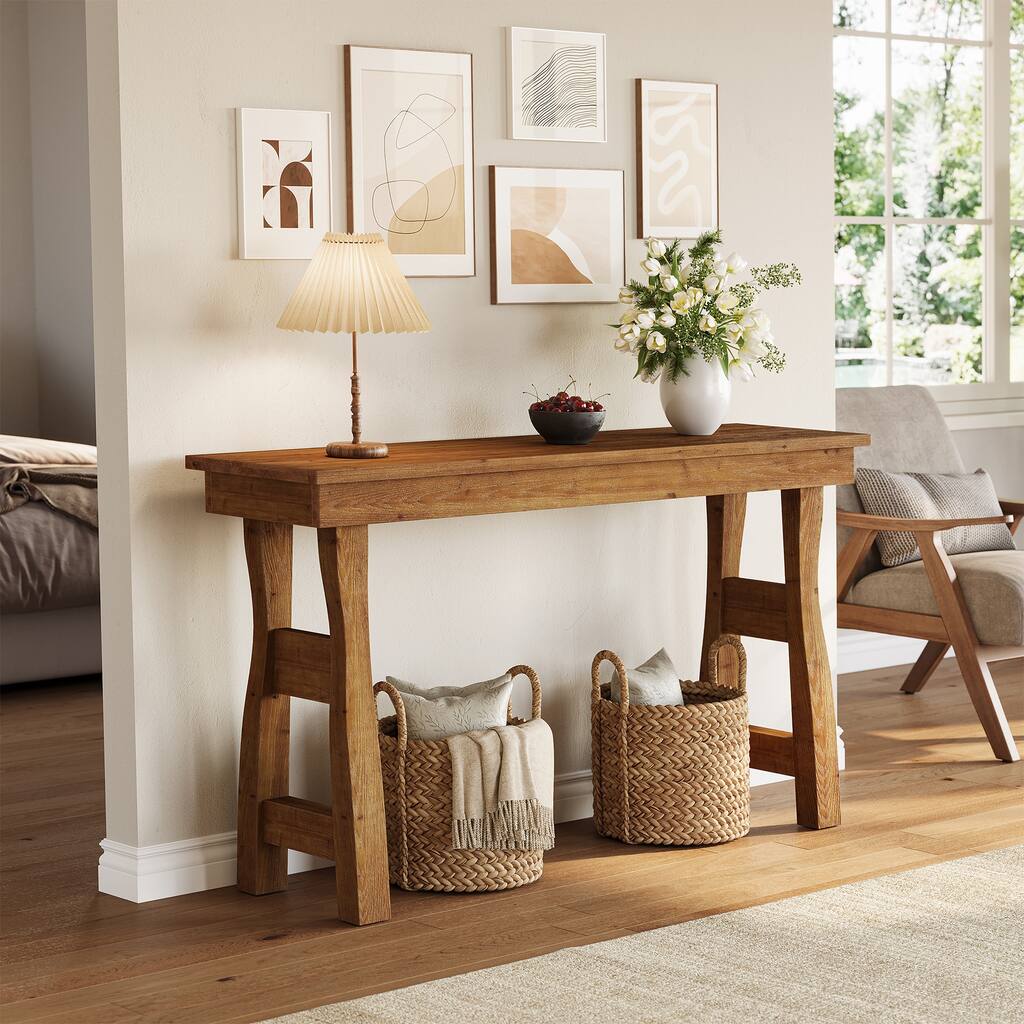 59" Solid Wood Console Table, Rustic Style Couch Tables Behind Sofa, Light Brown