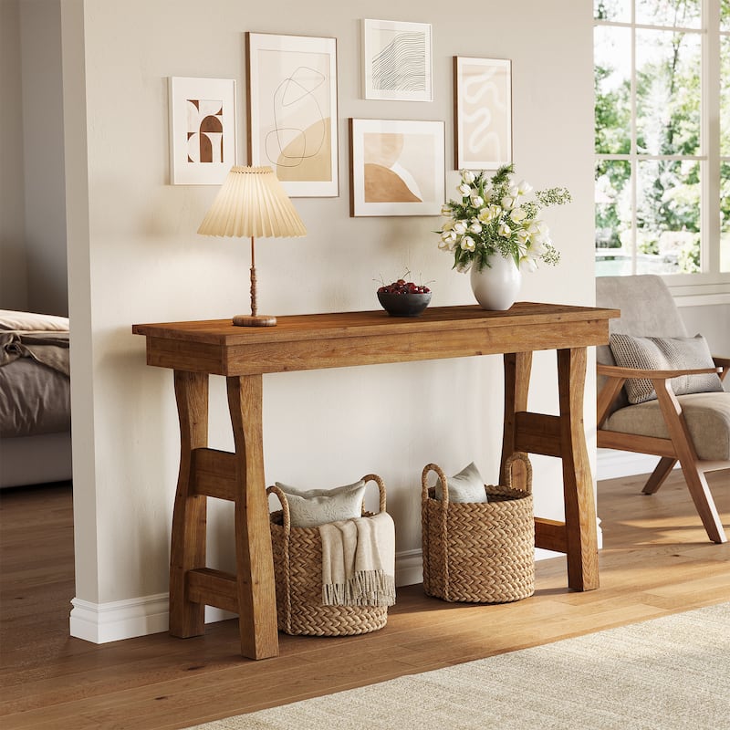 59" Solid Wood Console Table, Rustic Style Couch Tables Behind Sofa, Light Brown - Light Brown