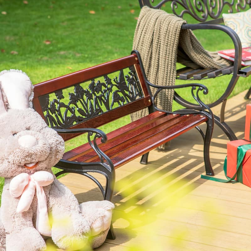 MAISON ARTS Outdoor Garden Bench for Children, 33'' L Metal Bench with Wood Seating & Floral Pattern Back