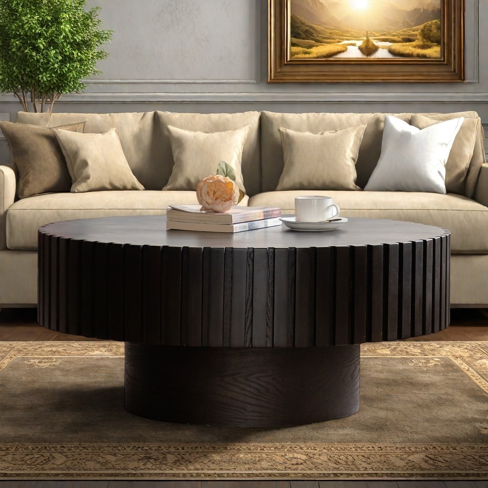 31.5" MDF Olive-Shaped Handcrafted Coffee Table with Solid Wood Relief