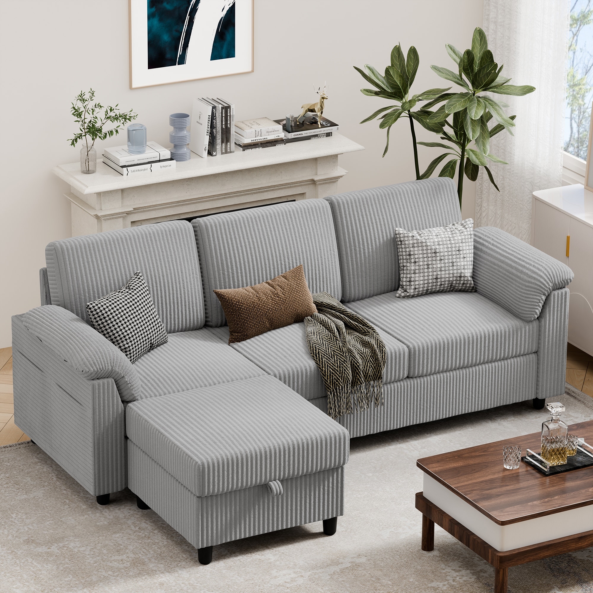 79'' Corduroy Sectional Sofa Couch with Storage
