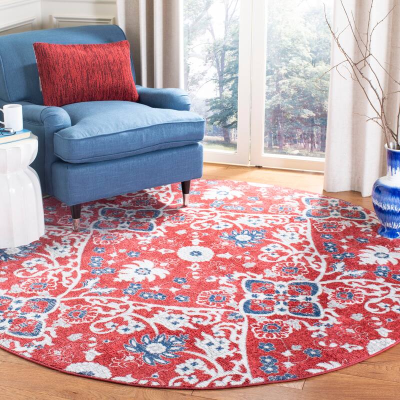 SAFAVIEH, Brentwood Alvara Traditional Oriental Rug - 6'7" Round - Red/Ivory