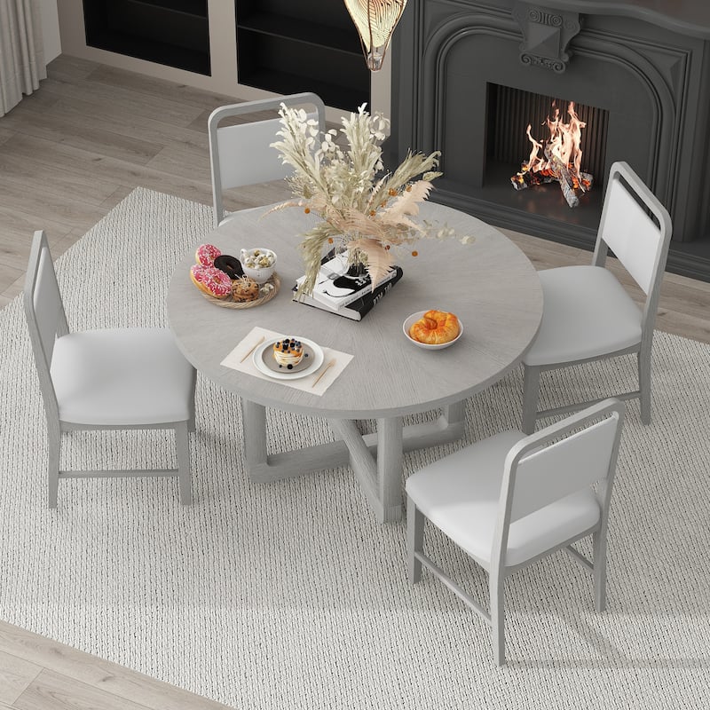 5-Piece Round Dining Table Set for 4 with Upholstered Chairs, Wood Dining Table Set