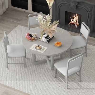 5-Piece Round Dining Table Set for 4 with Upholstered Chairs, Wood Dining Table Set