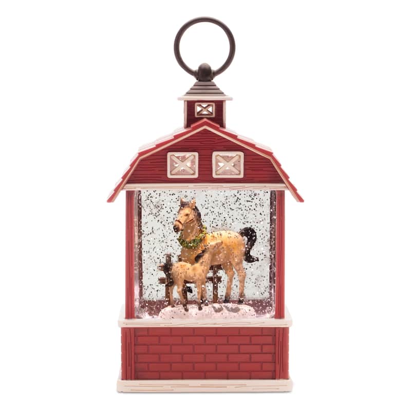 Lighted Horse Barn Snow Globe with Glitter and USB Cord Rustic Christmas Mantel Decor 6-Hour Timer - 5.75”L x 2.75”W x 10.75”H