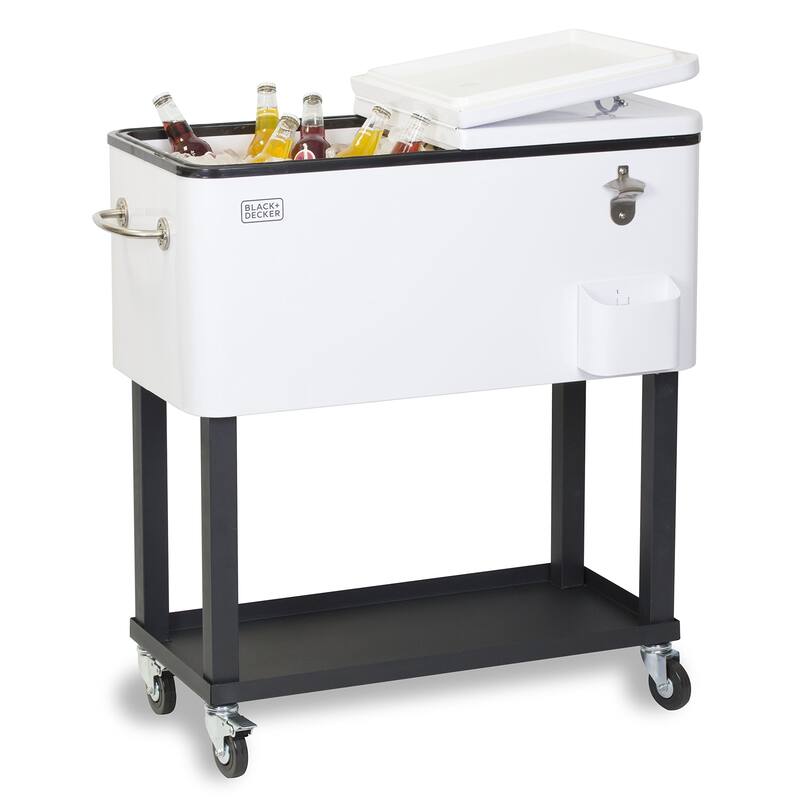 BLACK+DECKER, Mobile Cooler Cart, 2 Door Seal Lid, Bottle Opener with Catch Basin, Bottom Storage Tray - N/A - White