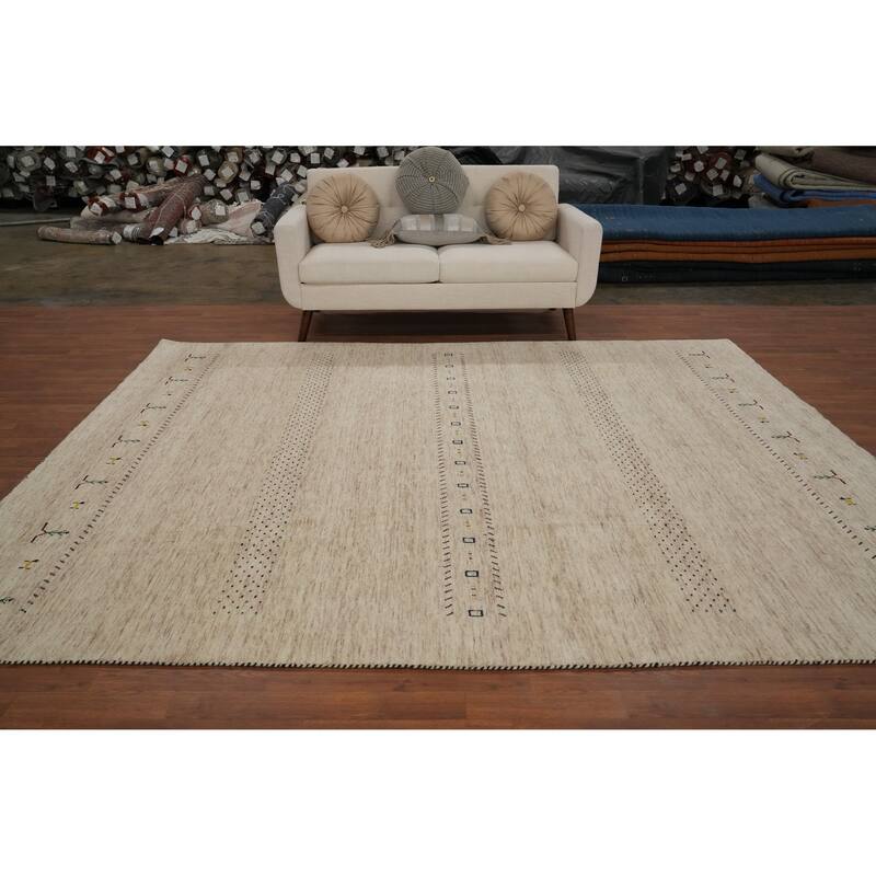 Hand Knotted Oriental 100% Wool Carpet Tribal Animal Pictorial Beige & Ivories Gabbeh Area Rug - 9' 11'' X 7' 11''