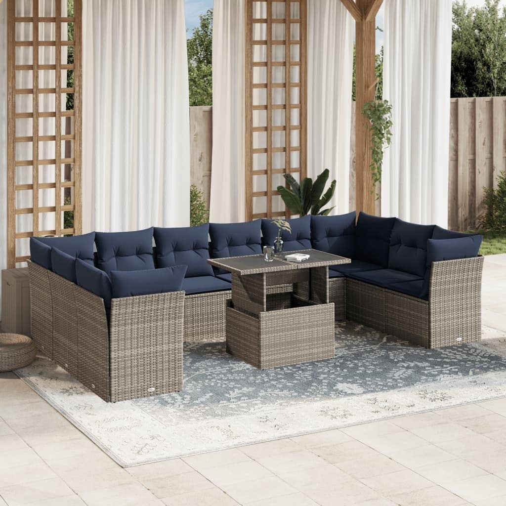vidaXL 11 Piece Patio Sofa Set with Cushions Brown/Gray Poly Rattan - 24.4 x 24.4 x 27.2