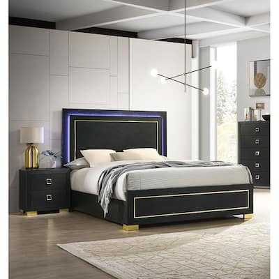 Queen Size Engineered Wood Platform Bed Set with LED Headboard and Gold Accent Legs - 3pc Contemporary Furniture