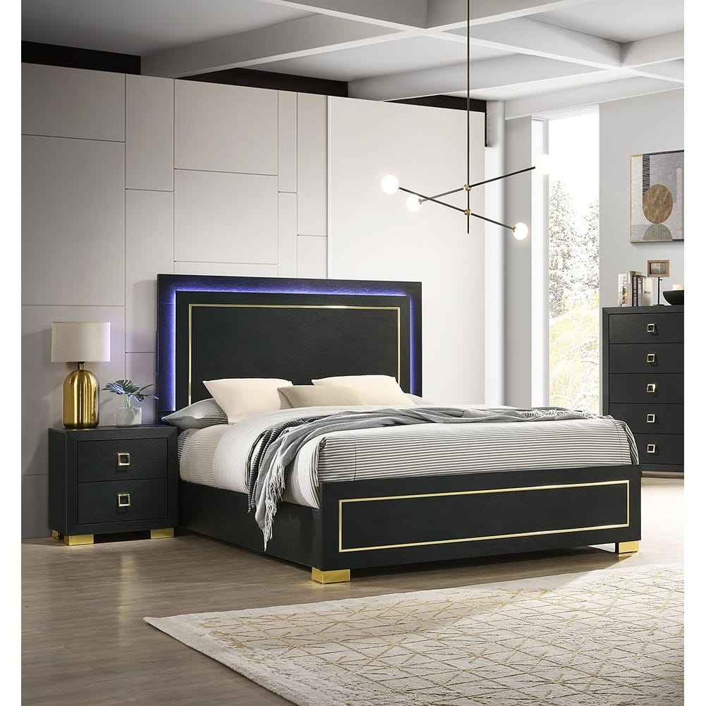 Queen Size Engineered Wood Platform Bed Set with LED Headboard and Gold Accent Legs - 3pc Contemporary Furniture
