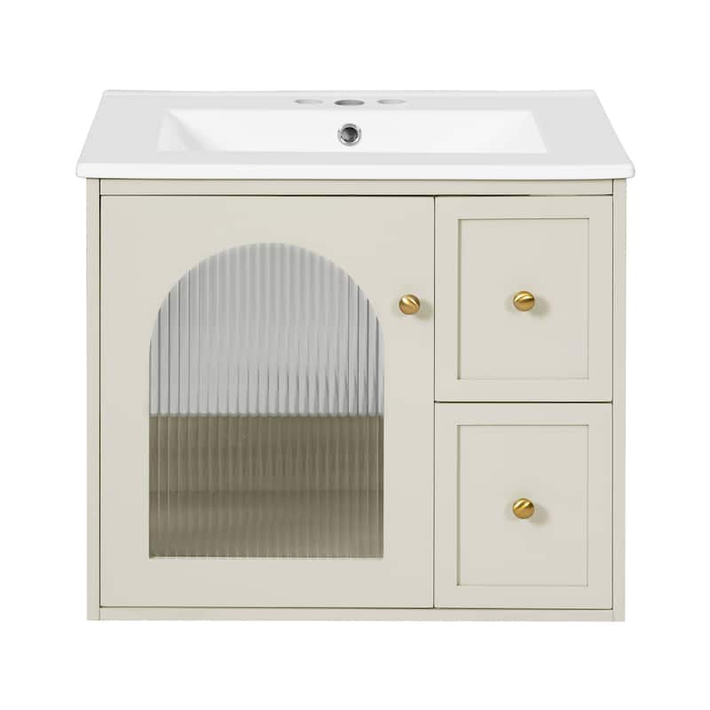 24-inch Wall Mount Bathroom Cabinet with Ceramic Sink, 2 Drawers