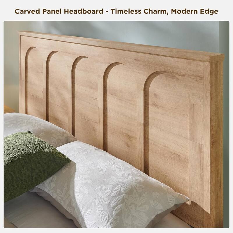 Modern Full Size Bed Frame, 52" Tall Arched Recessed Headboard