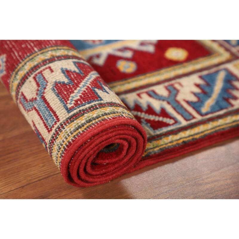 Red Geometric Kazak Foyer Rug Handmade Wool Carpet - 2'8" x 4'3"