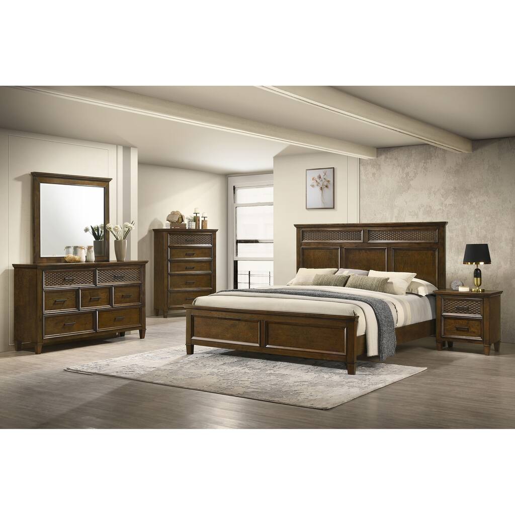 Alvida 5 Piece Brown Modern Contemporary Solid Wood And Veneers Upholstered Panel Bedroom Set