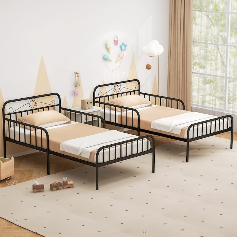 14 Metal Slats Twin Size Bed Frame with Headboard and Safety Side Guardrails