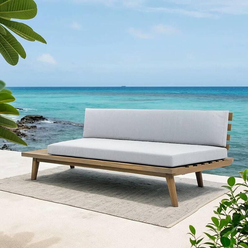 Outdoor 2-Seater Sofa, 76 Inch Slatted Acacia Wood w Built in Table