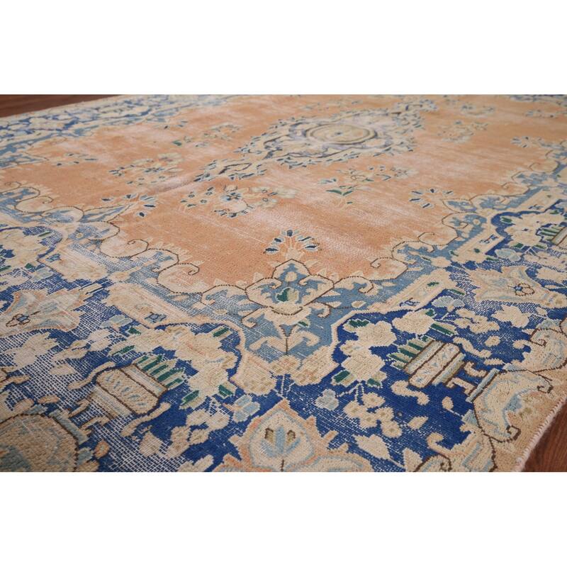 Distressed Kerman Vintage Persian Area Rug Handmade Wool Carpet - 6'4" x 8'11"