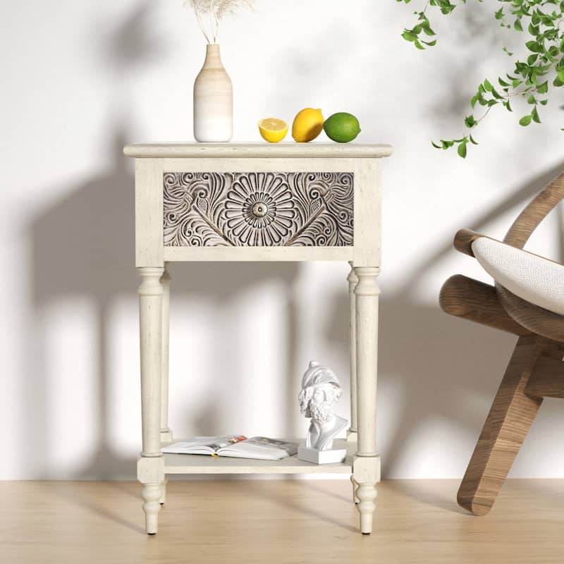 SUNBURY Vintage Solid Wood Nightstand with Drawer - Daisy - 1-drawer