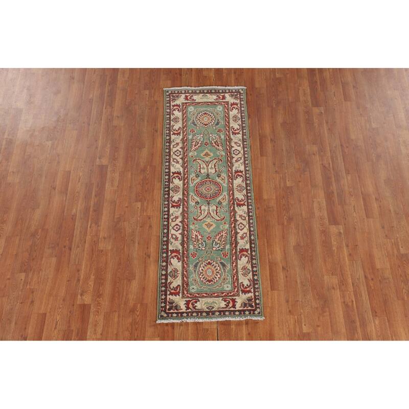 Light Green Kazak Runner Rug Handmade Oriental Wool Carpet - 2'1" x 5'11"