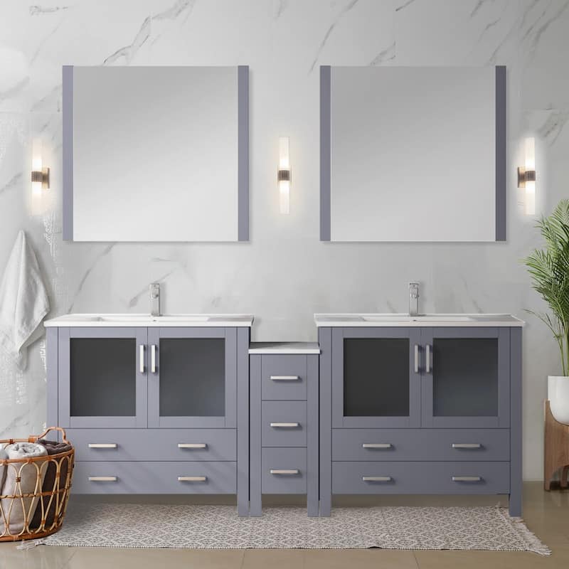 Lexora Volez 84 Inch Bathroom Vanity Cabinet in Dark Grey with Top and Mirror - Polished - Grey - Double Vanities