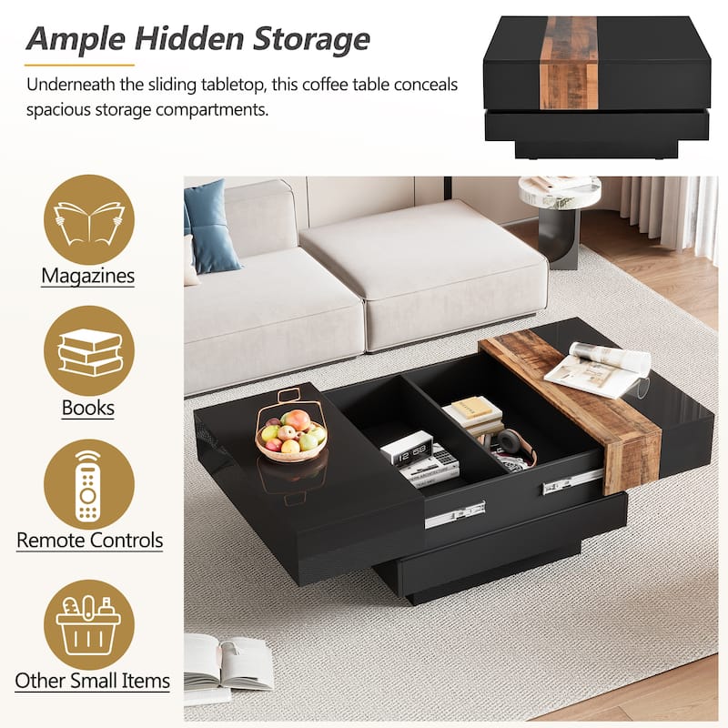 31.4" Square Coffee Table with Sliding Tabletop, Extendable High Gloss Center Table with Hidden Storage