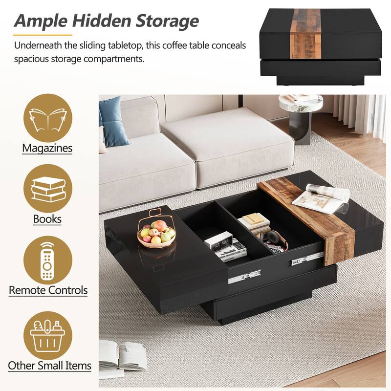 Roomfitters Modern Square Coffee Table with Sliding Top, High Gloss Center Table with Hidden Storage for Living Room, Black