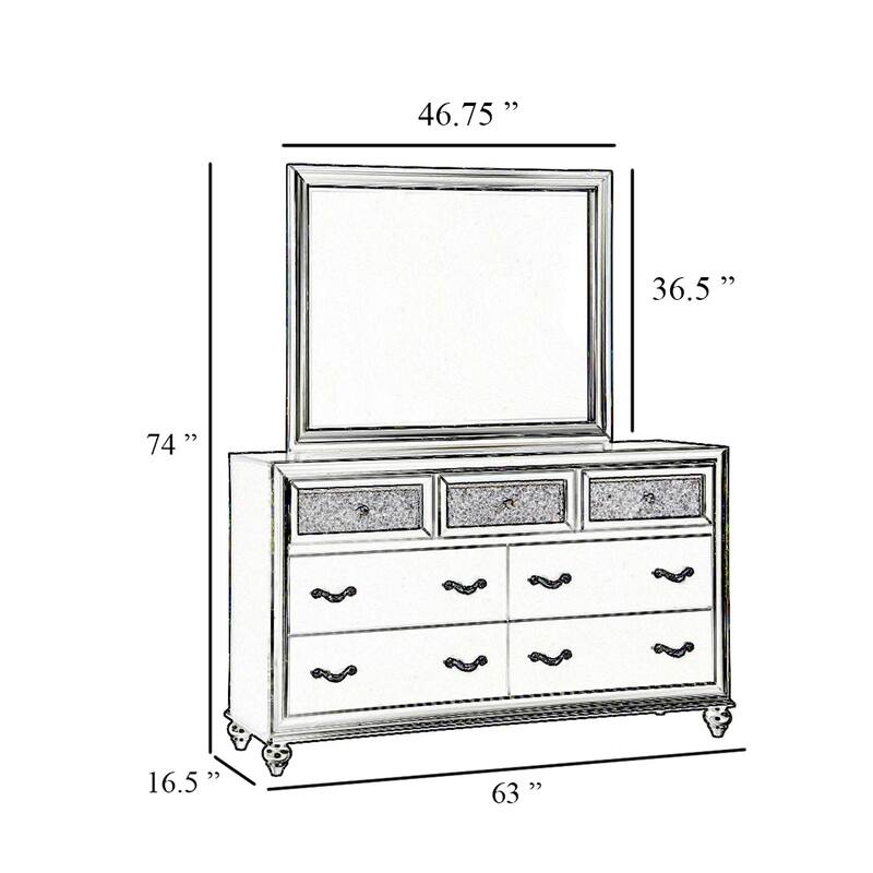 Dini Wide Dresser with Mirror, Glitter-Accented 7 Drawers, White Wood