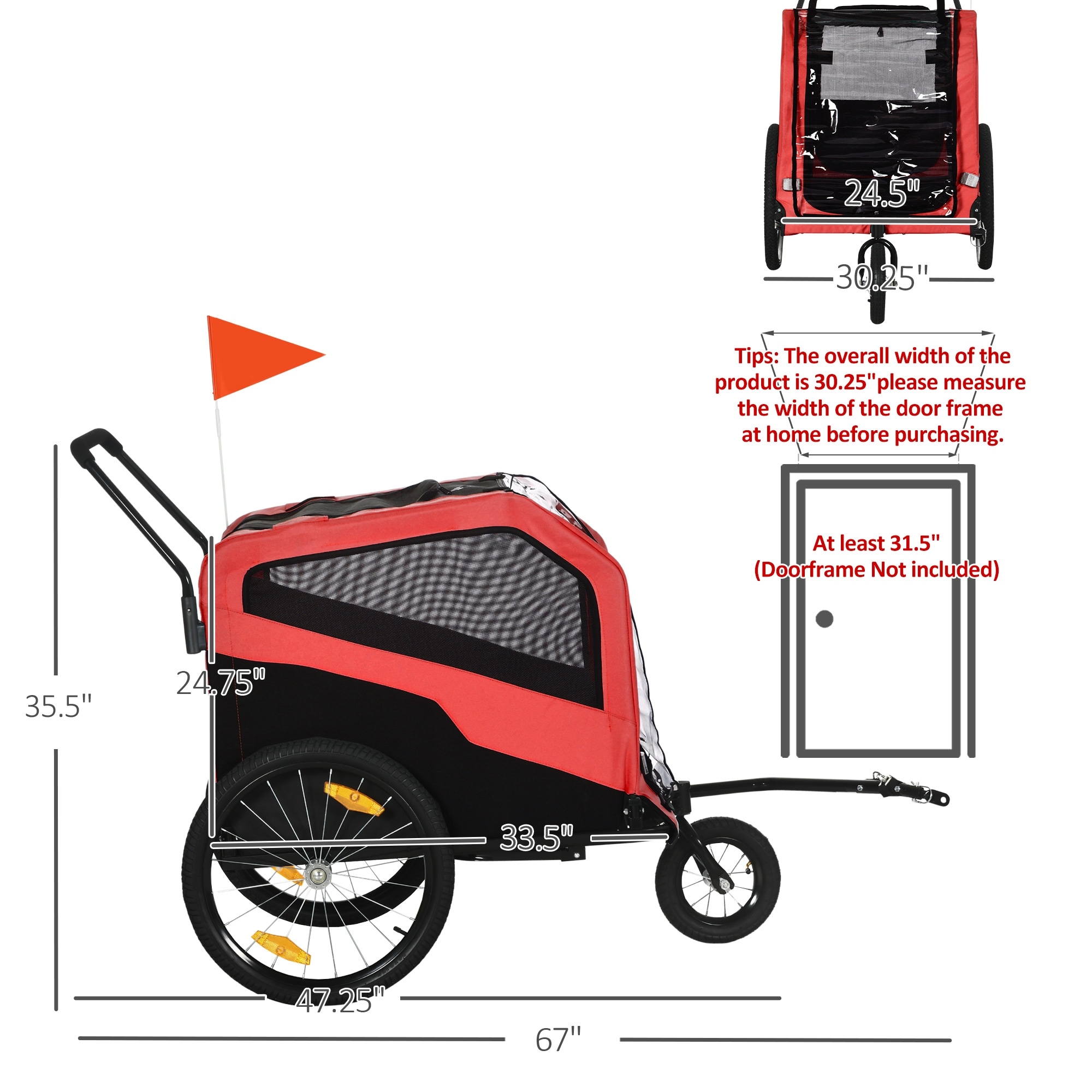 Aosom 2-in-1 Dog Bike Trailer Pet Stroller Carrier for Large Dogs with Hitch, Quick-release Wheels, Foot Support - Red