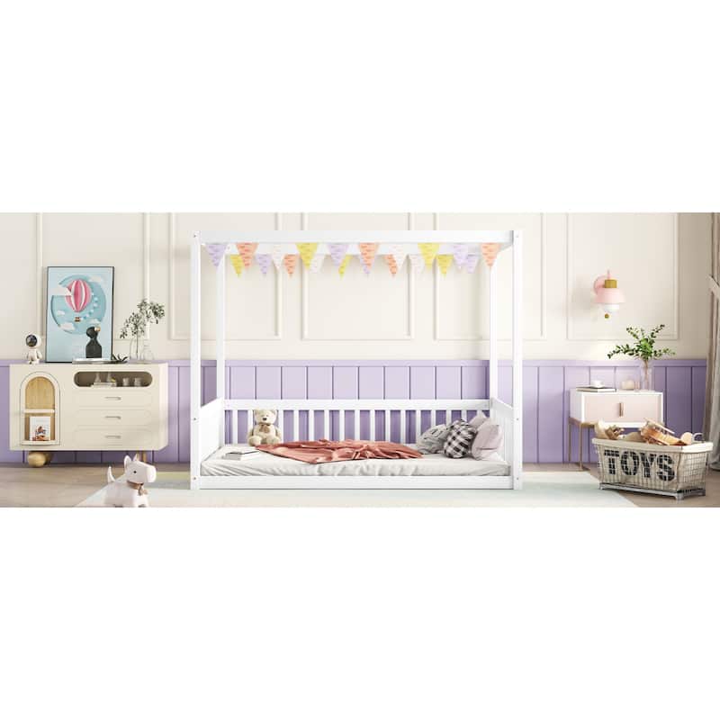 Roomfitters Full Canopy Frame Floor Bed, Rubber Wood Platform with Guardrails and Low-Profile Design, White