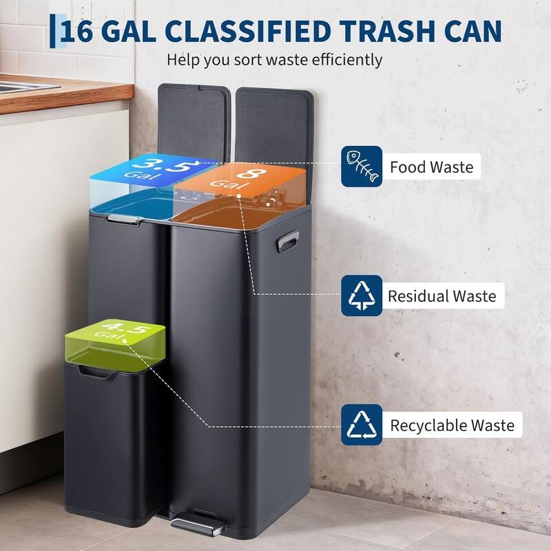 16-Gallon Stainless Steel Triple Recycling Bin 3 Removable Buckets Sliver