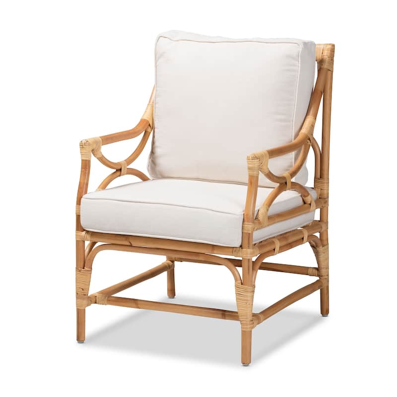 Brandon Bohemian styled Upholstered Rattan Armchair-White/Natural - White, Natural Brown