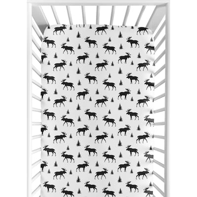Woodland Moose Collection Boy Jersey Knit Fitted Crib Sheet - Black and White Forest Animal Rustic Patch