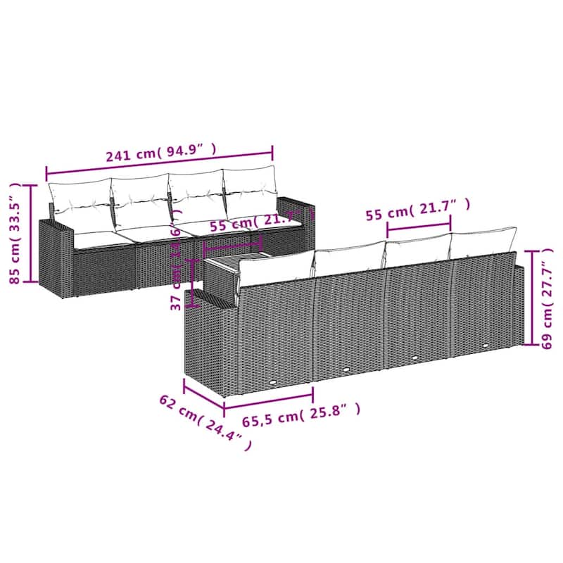 vidaXL Patio Sofa Set with Cushions Outdoor Furniture 9 Piece Poly Rattan - 25.8 x 24.4 x 27.2