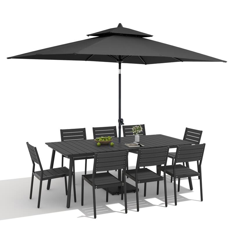 11-Piece Outdoor Dining Set Aluminum Table and 8 Stackable Chairs w/ 10 ft Umbrella and Base Stand