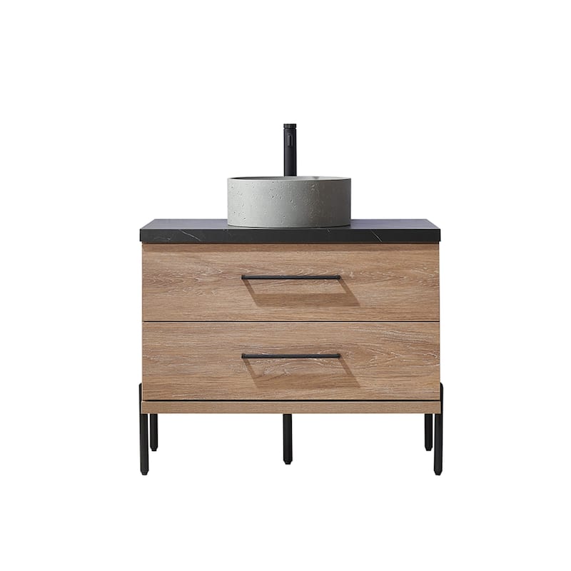 Trento Bath Vanity with Sintered Stone Top with Concrete Sink (R) - 36 in. - North American Oak-No Mirror