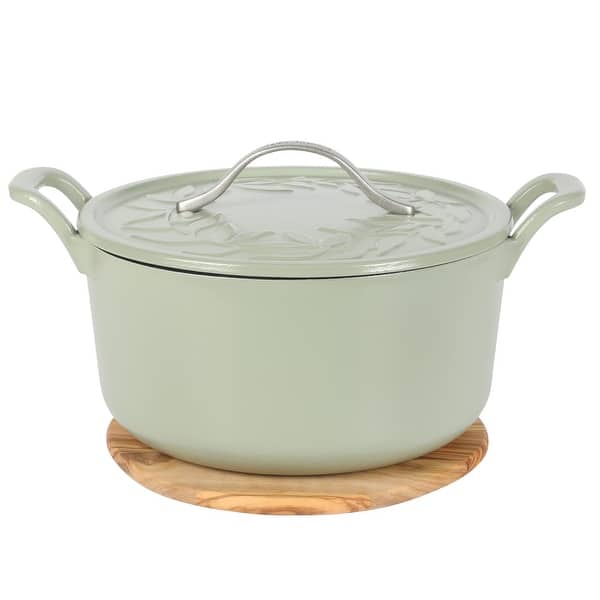 Bloomhouse 7 Qt Cast Iron Dutch Oven W/ Embossed Lid, European Matte Enamel, & Olive Wood Trivet - Green