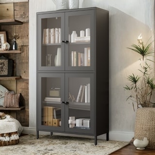 Classic Metal Storage Cabinet with 4 Glass Doors & Adjustable Shelves, Flat Tempered Glass, for Home, Office, Living Room