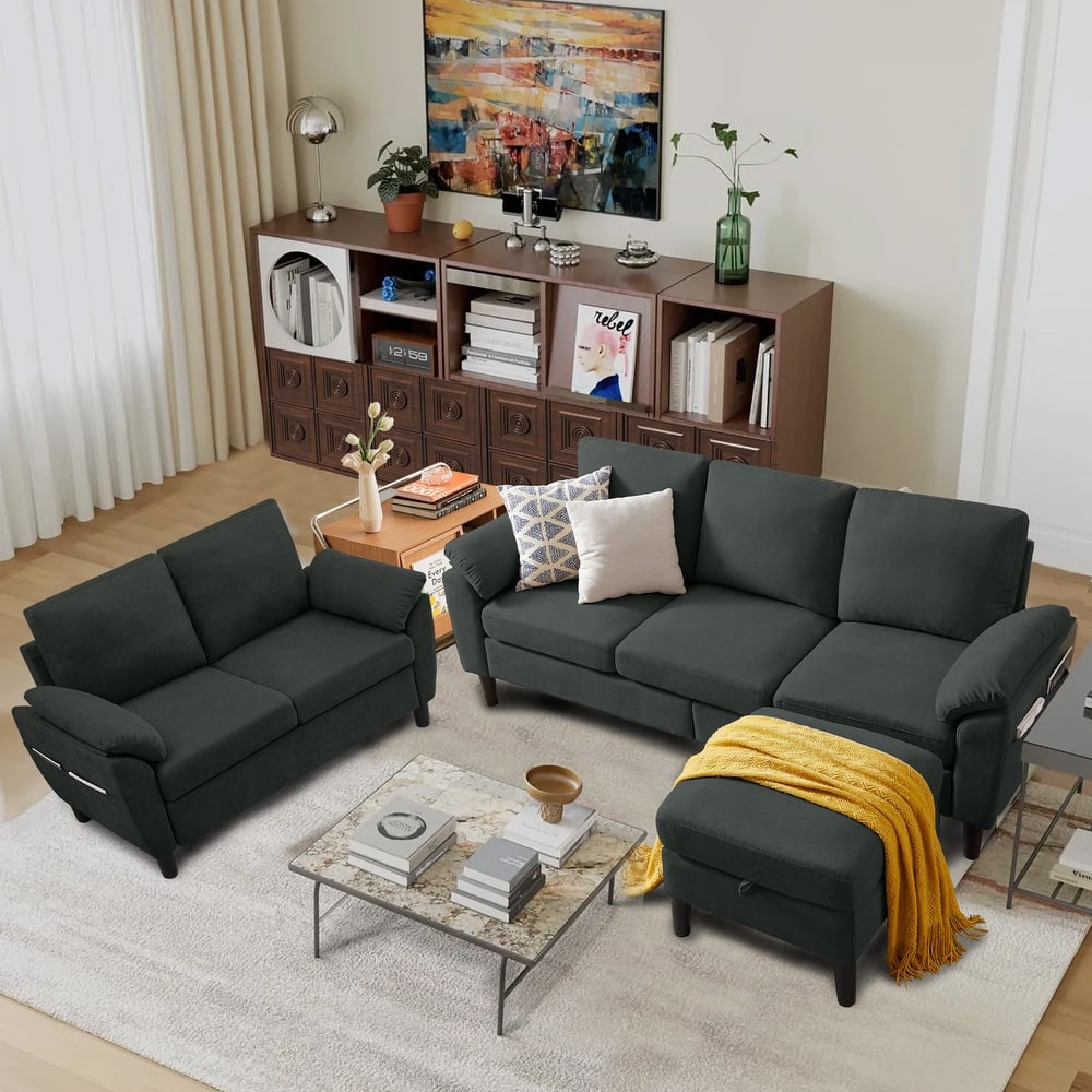 3-Piece Living Room Sectional Sofa Set with Loveseat and Ottoman