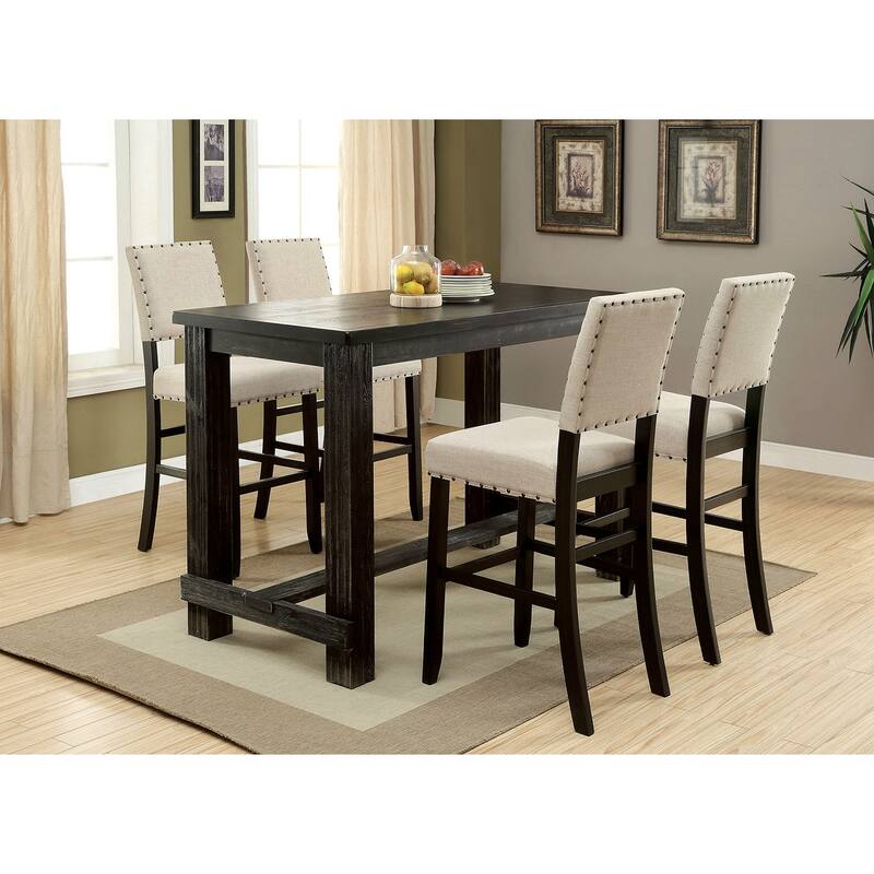 5 Piece Kitchen Dining Table Set, Counter Height Dining Table Set with Rectangular Table and 4 Chairs with Nailhead Trim - Ivory+Black