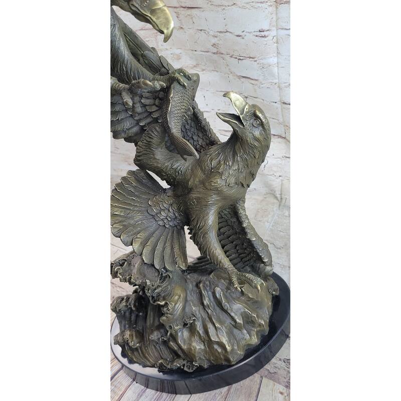Fighting Eagles Birds Bronze Statue Sculpture Figure Signed Original Marble Base