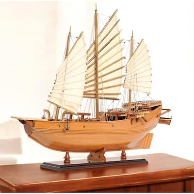 HomeRoots 25" Wood Brown Solid Wood Hand Painted Model Boat Tabletop Sculpture - 27' X '24.5' X '7