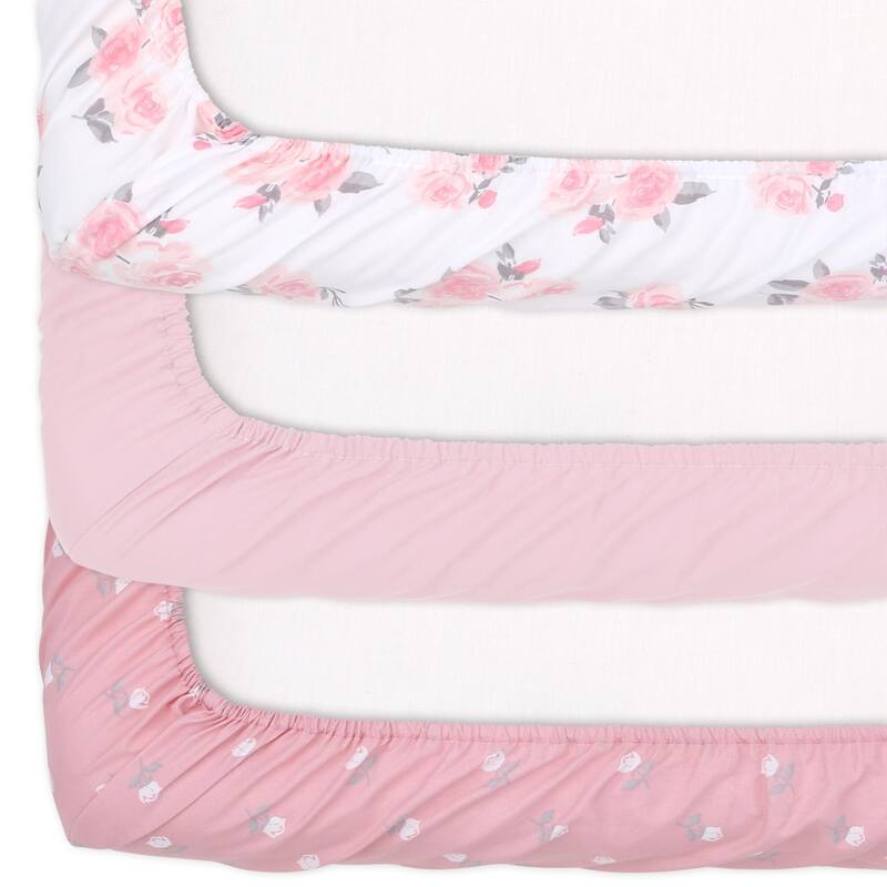 The Peanutshell Pink Roses/ Ditsy Floral Mini Crib, Playard Sheet 3 Pack Set