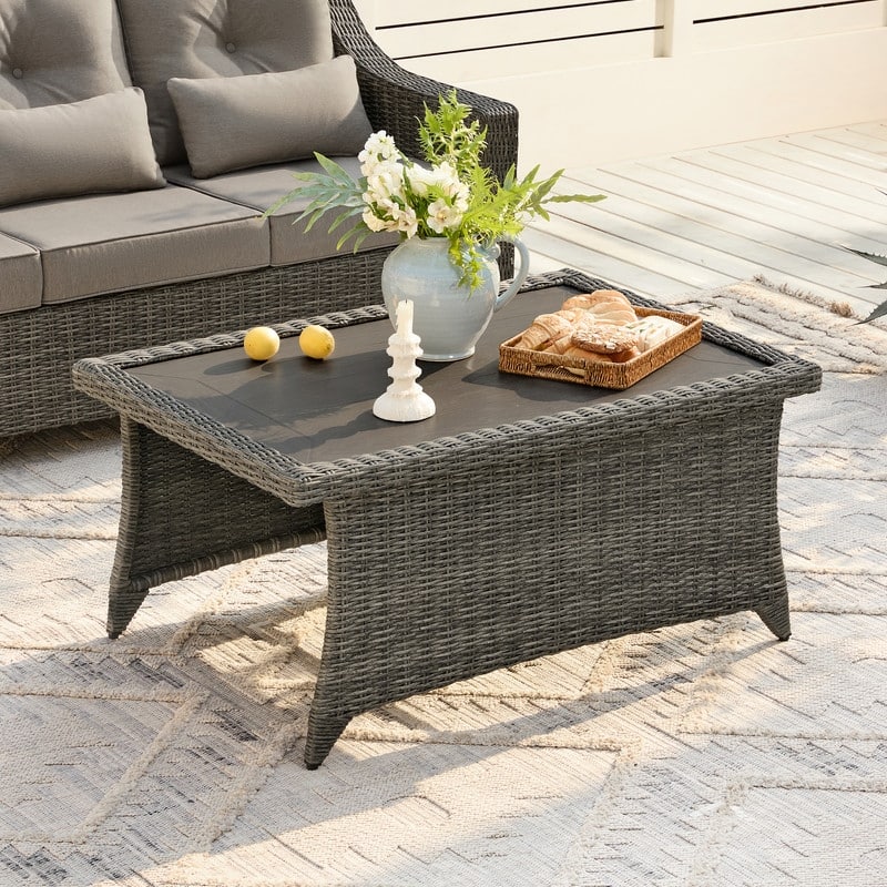 Murphy Outdoor Wicker Patio Outdoor Sofa Swivel Chair Coffee Table