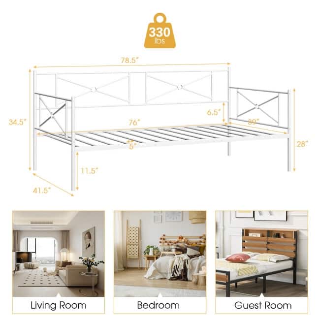 Metal Daybed Twin Bed Frame Stable Steel Slats Sofa Bed