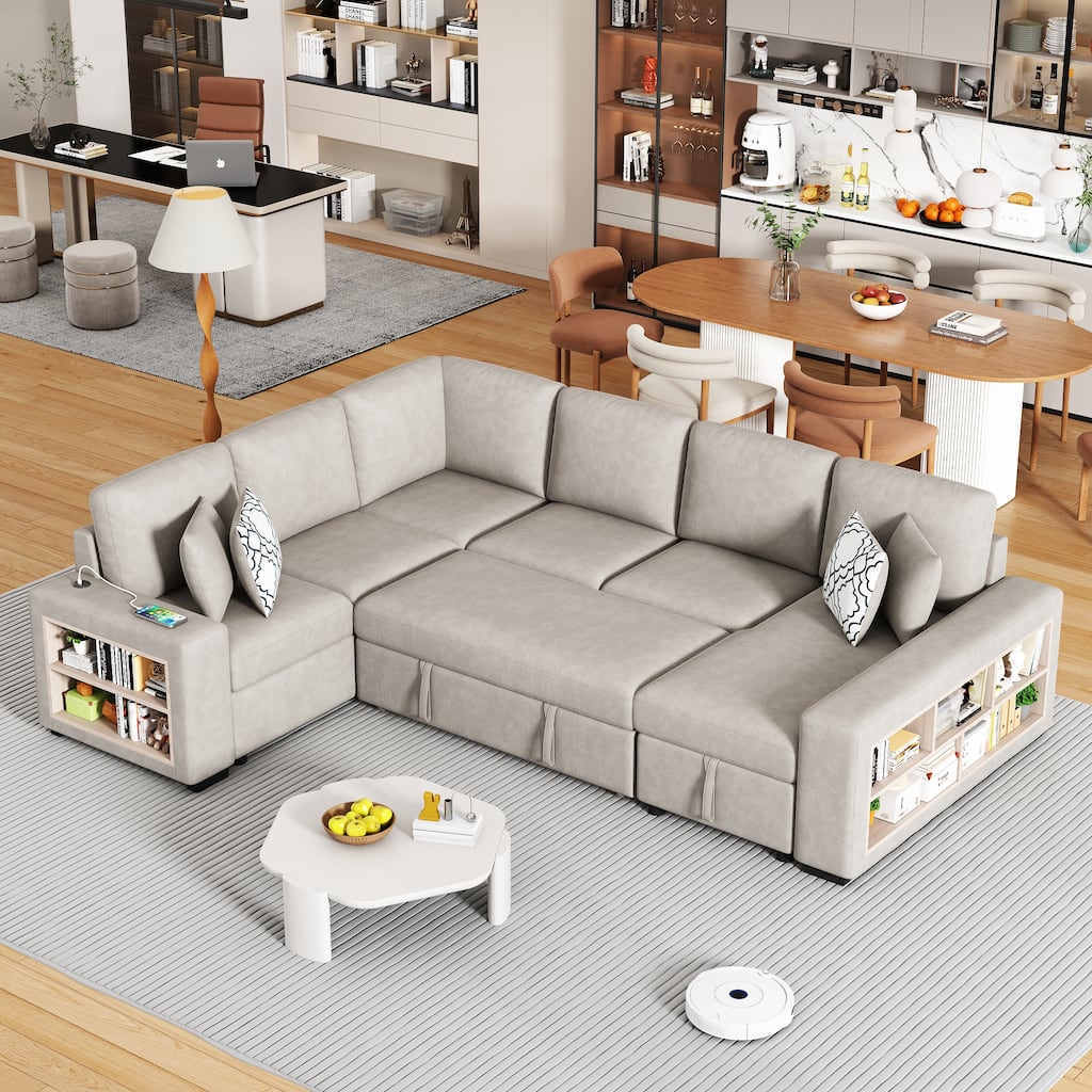 109" U-Shaped 6-Seat Sectional Sofa with Pull-Out Bed, Storage Chaise, 4 Back Pillows, and USB Ports